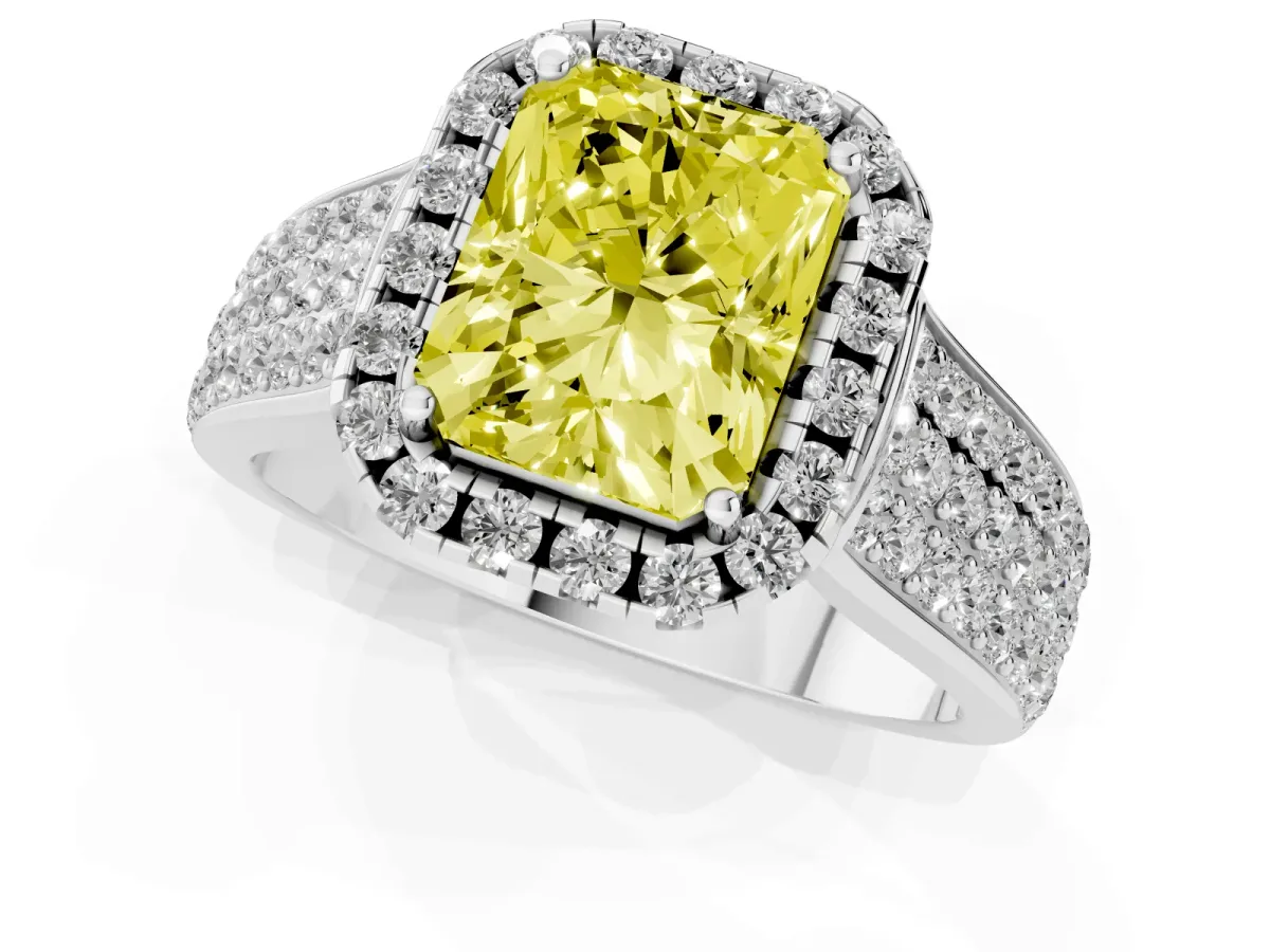Fancy Yellow Radiant Cut Halo Round Diamond Pave Band with Prong Setting Silver
