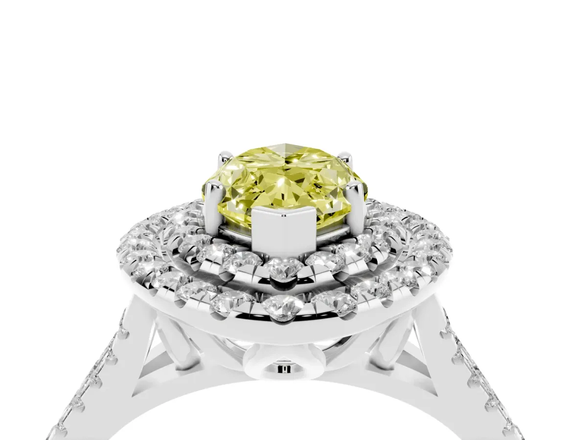 Fancy Yellow Double Halo Marquise Cut Diamond Pavé Split Shank Ring with Prong Setting Silver
