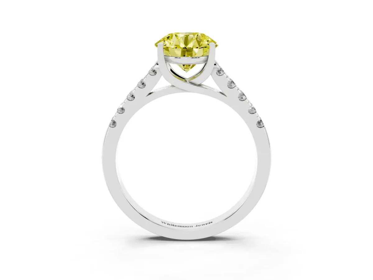 Fancy Yellow Round Cut Diamond Pavé Band Solitaire Ring with Prong Setting Silver