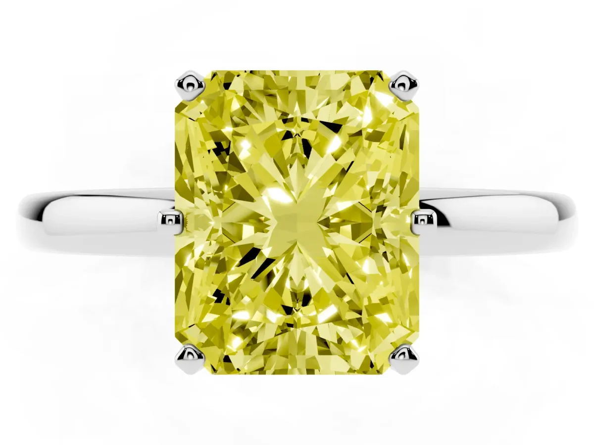 Fancy Yellow Radiant Cut Solitaire Diamond Ring with Six-Prong Setting on a Classic Band Silver