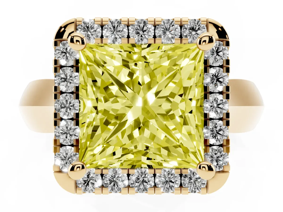 Fancy Yellow Princess Cut Cut Halo Solitaire Engagement Ring with Square Band and Four-Prong Setting Yellow gold