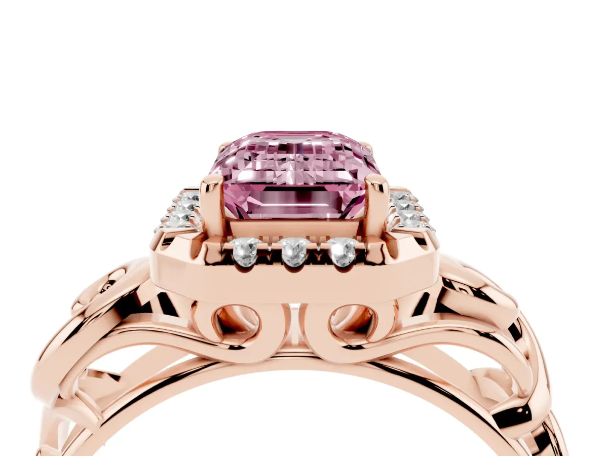 Fancy Pink Emerald Cut Cut Halo Diamond Ring with Scrollwork Band and Four-Prong Setting Rose gold