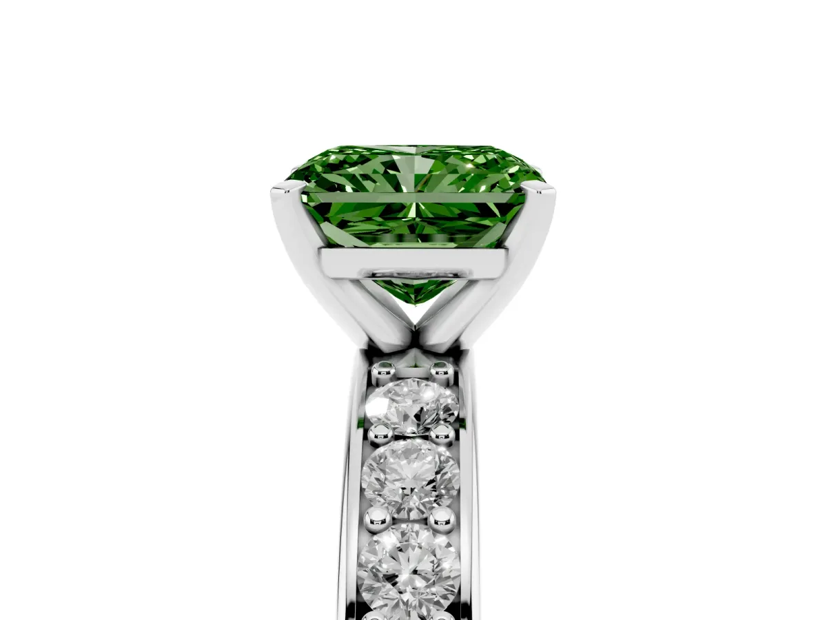 Fancy Green Radiant Cut Diamond Engagement Ring with Channel Set Round Band and Prong Setting Silver