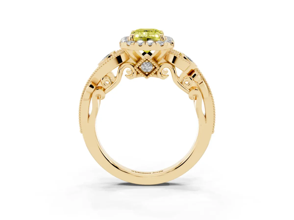 Fancy Yellow Emerald Cut Diamond Halo Ring with Milgrain Pavé Band and Four-Prong Setting Yellow gold
