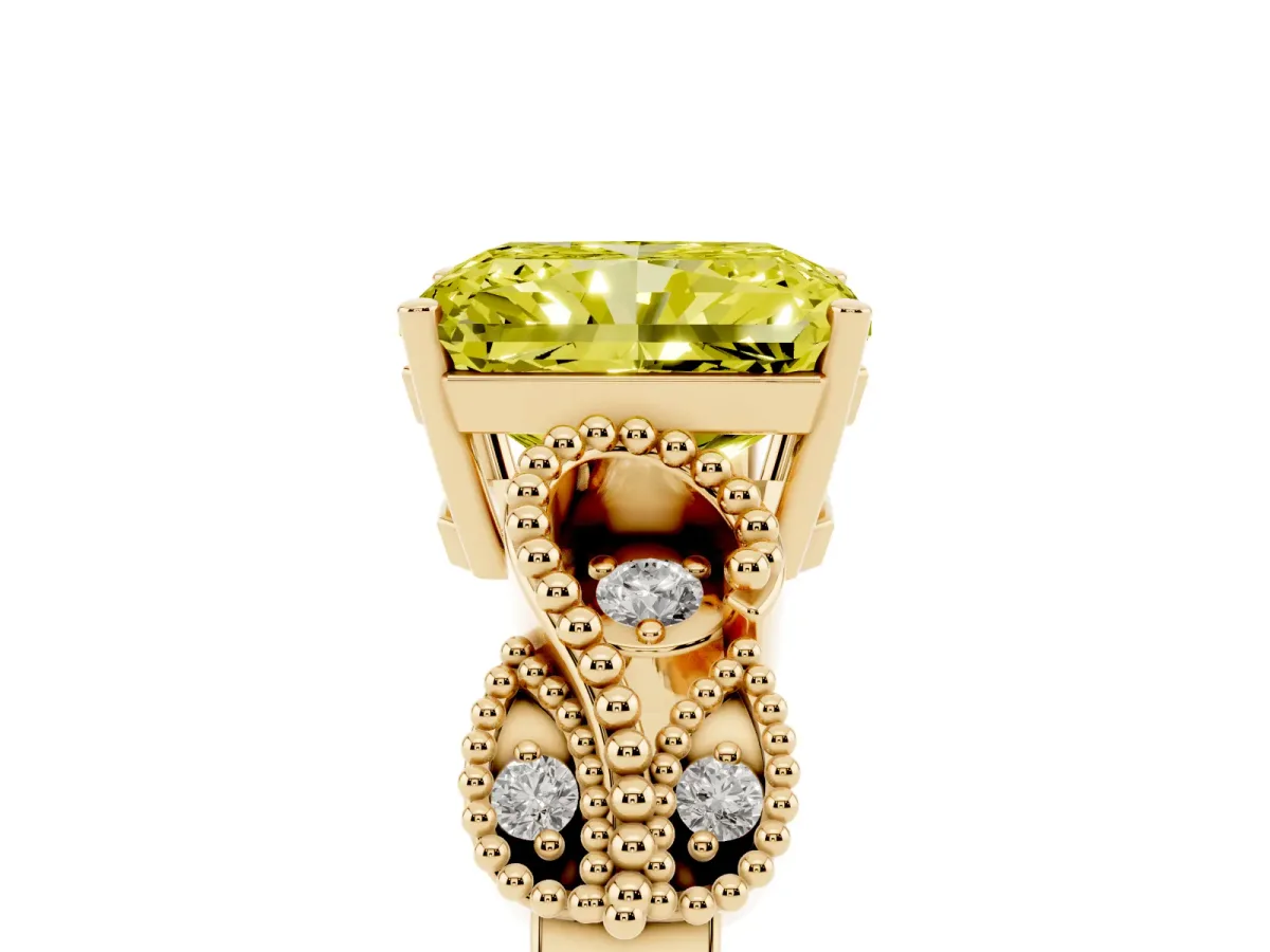 Fancy Yellow Radiant Cut Solitaire Milgrain Leaf Band with Prong Setting Yellow gold