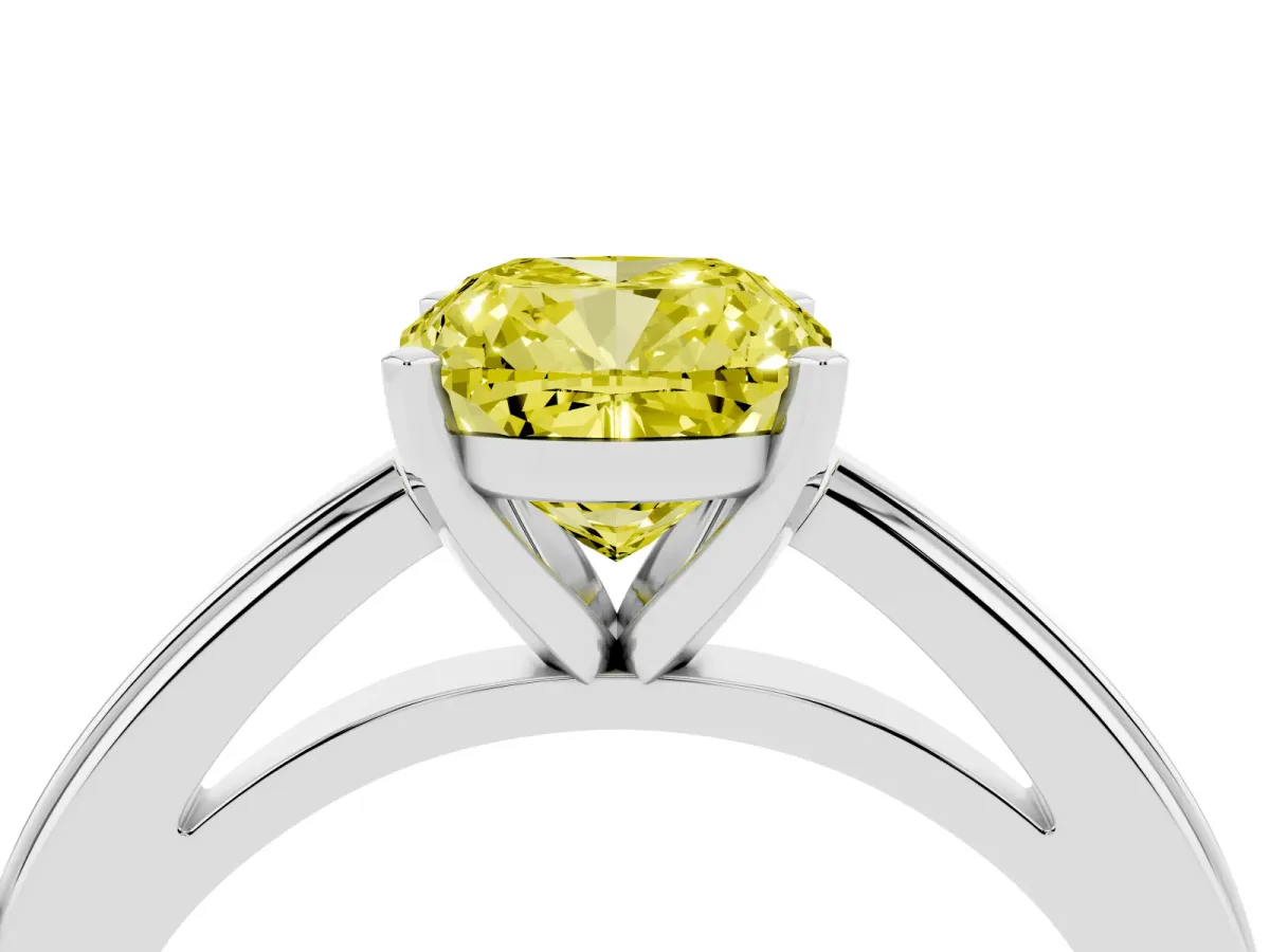 Fancy Yellow Cushion Cut Solitaire Diamond Ring with Four-Prong Setting and Classic Band Silver