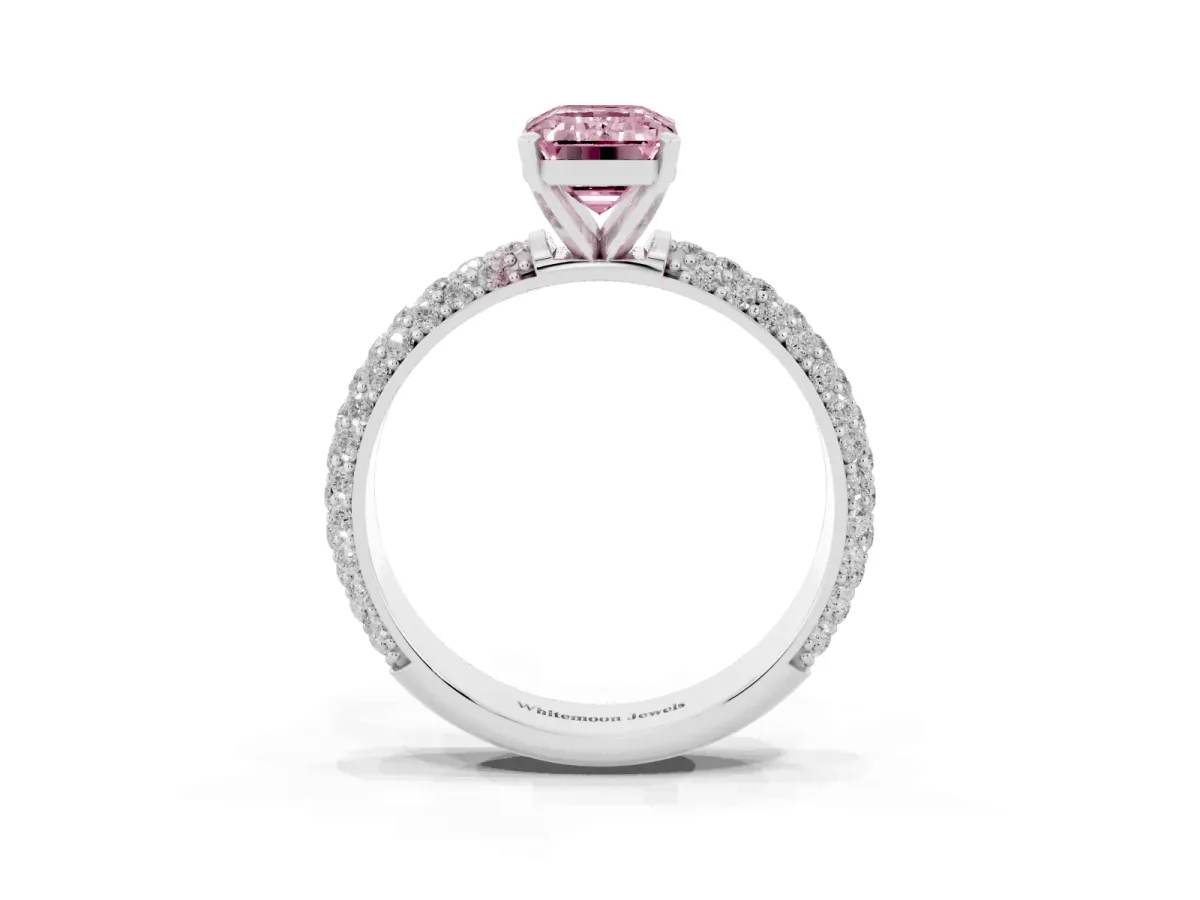 Fancy Pink Emerald Cut Diamond Solitaire Ring with Prong Setting and Pavé Band Silver