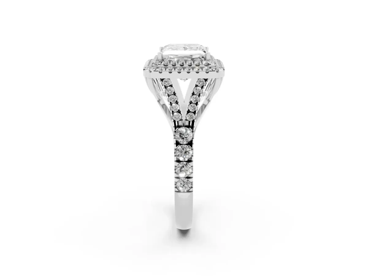 Princess Cut Diamond Double Halo Ring with Split Shank and Prong Setting Platinum