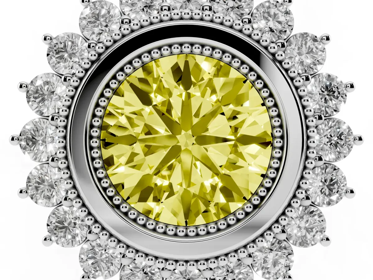 Fancy Yellow Round Cut Halo Diamond Ring with Milgrain Edge and Round Prong Setting Silver