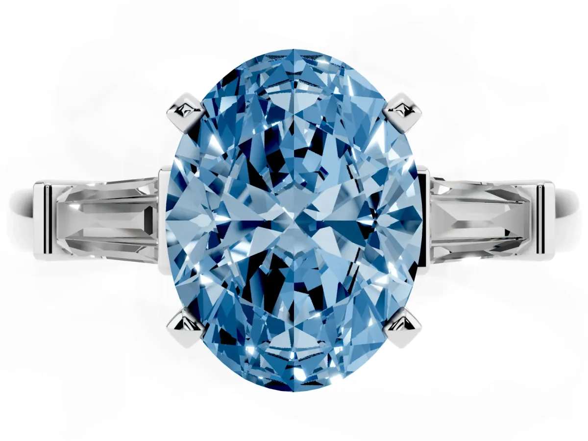Fancy Blue Oval Cut Cut Diamond Solitaire Ring with Tapered Baguette Accents and Four-Prong Setting White gold