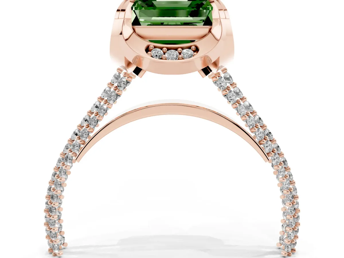Fancy Green Asscher Cut Solitaire Pave Split Shank Ring with Four-Prong Setting Rose gold