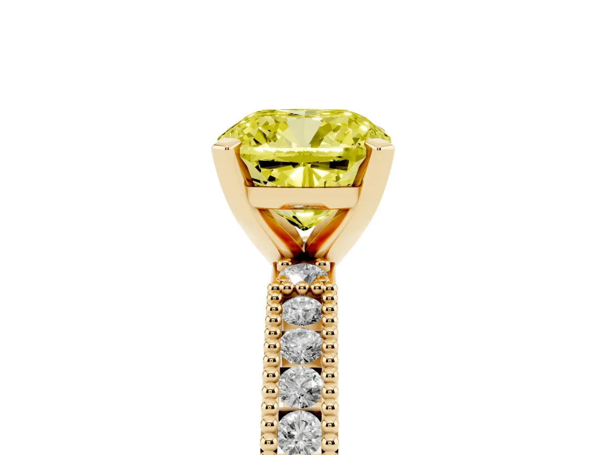 Fancy Yellow Cushion Cut Solitaire with Pavé Band and Four-Prong Setting Yellow gold