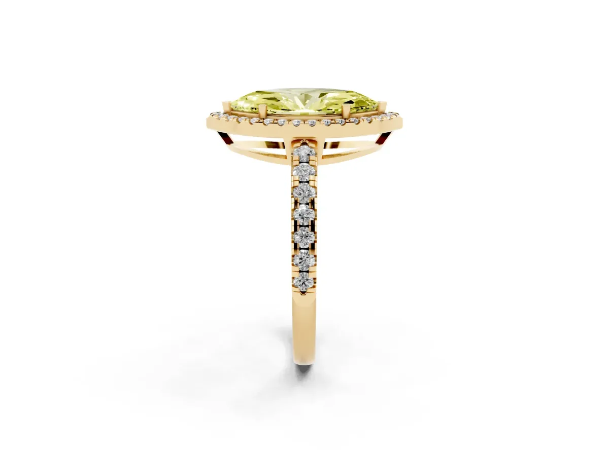 Fancy Yellow Marquise Cut Diamond Halo Ring with Pavé Band and Four-Prong Setting Yellow gold