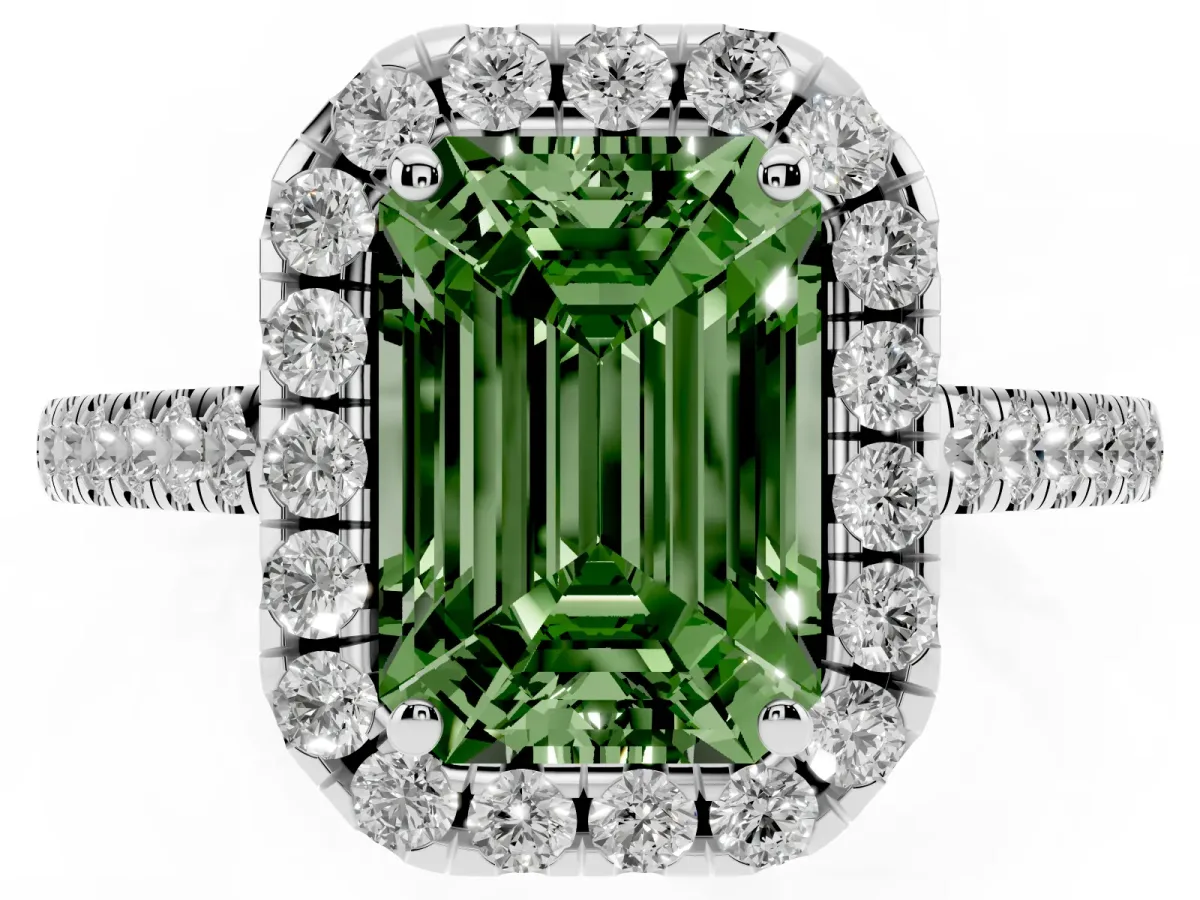 Fancy Green Emerald Cut Halo Pave Diamond Engagement Ring with Four-Prong Setting Silver