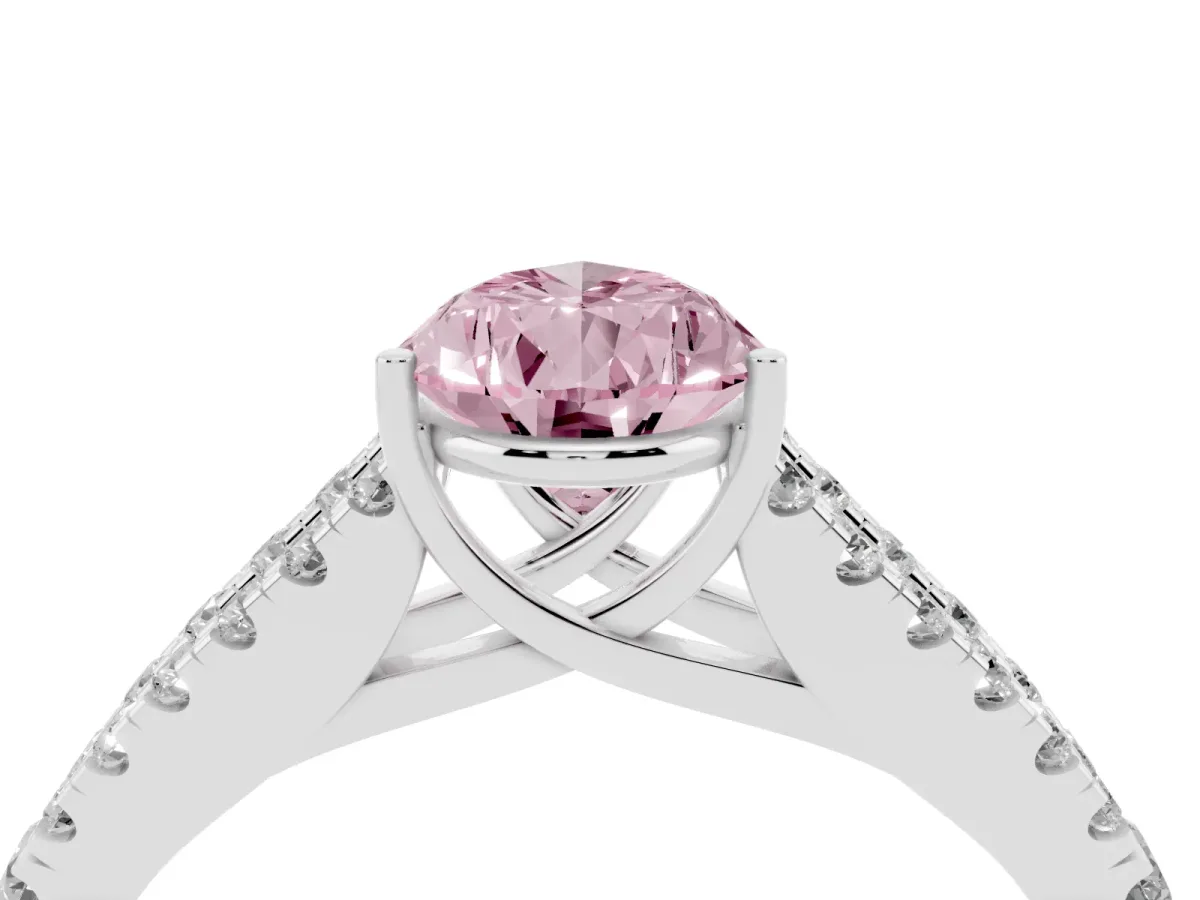 Fancy Pink Pear Cut Diamond Split Shank Pavé Engagement Ring with Four-Prong Setting White gold