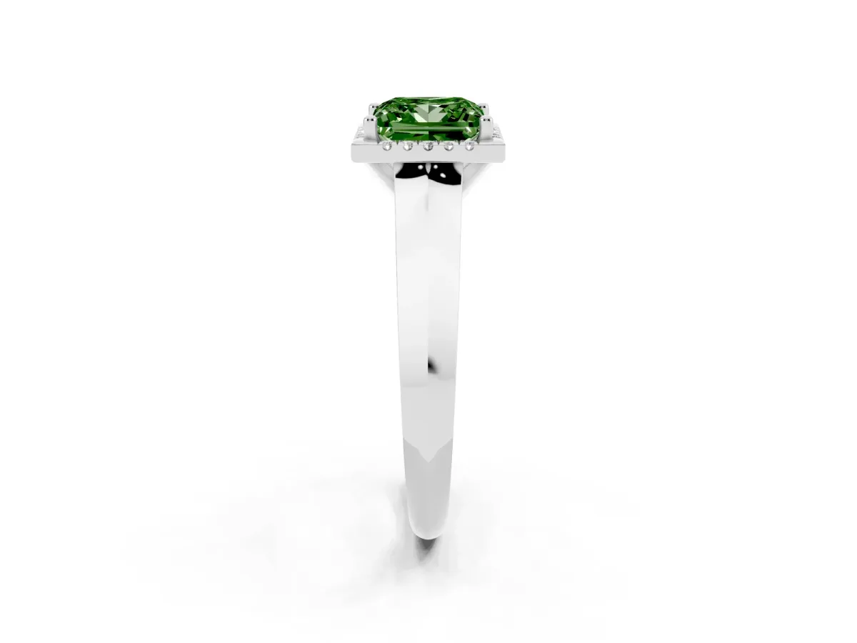 Fancy Green Princess Cut Halo Diamond Ring with Cathedral Band and Four-Prong Setting White gold