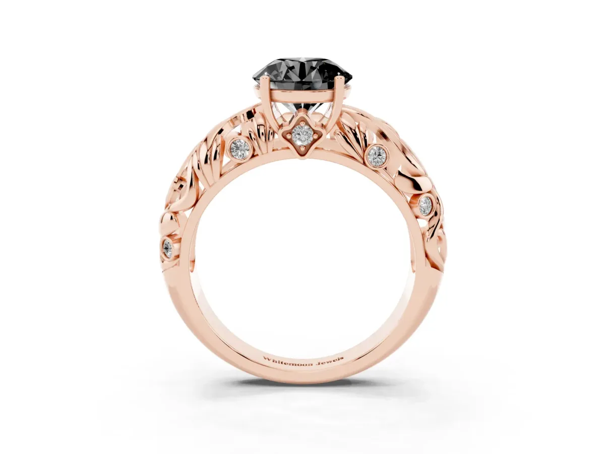 Fancy Black Round Cut Solitaire Diamond Leaf-Inspired Vine Band Ring with Prong Setting Rose gold