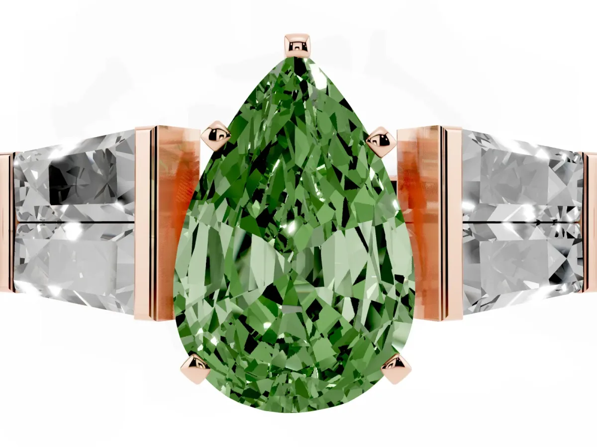 Fancy Green Pear Cut Diamond Engagement Ring with Baguette Side Stones and Channel Set Band Rose gold