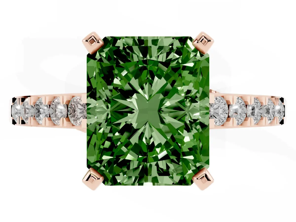 Fancy Green Radiant Cut Diamond Solitaire Ring with Crossover Gallery and Round Pavé Band Rose gold