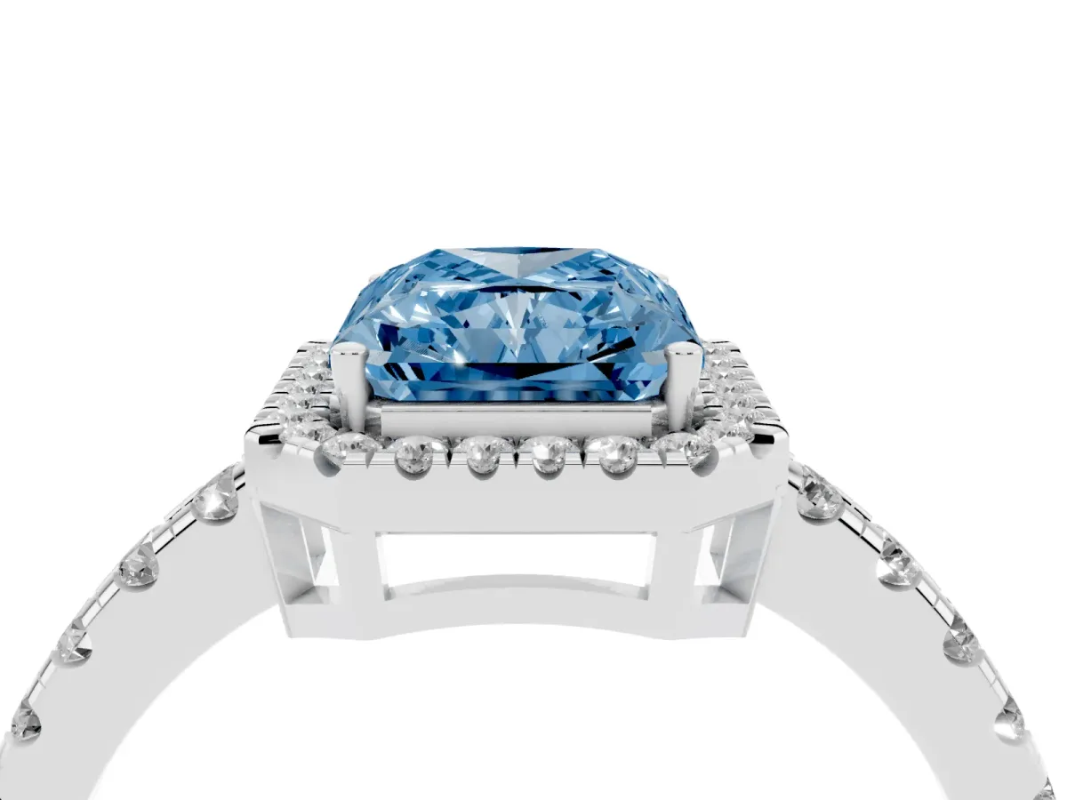 Fancy Blue Radiant Cut Diamond Halo Ring with Pavé Band and Four-Prong Setting White gold