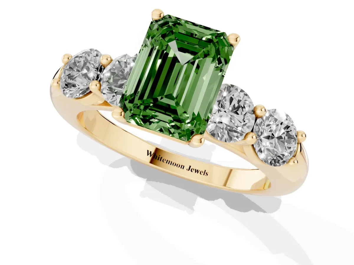 Fancy Green Emerald Cut Cut Five-Stone Prong Set Diamond Ring with Classic Band Yellow gold