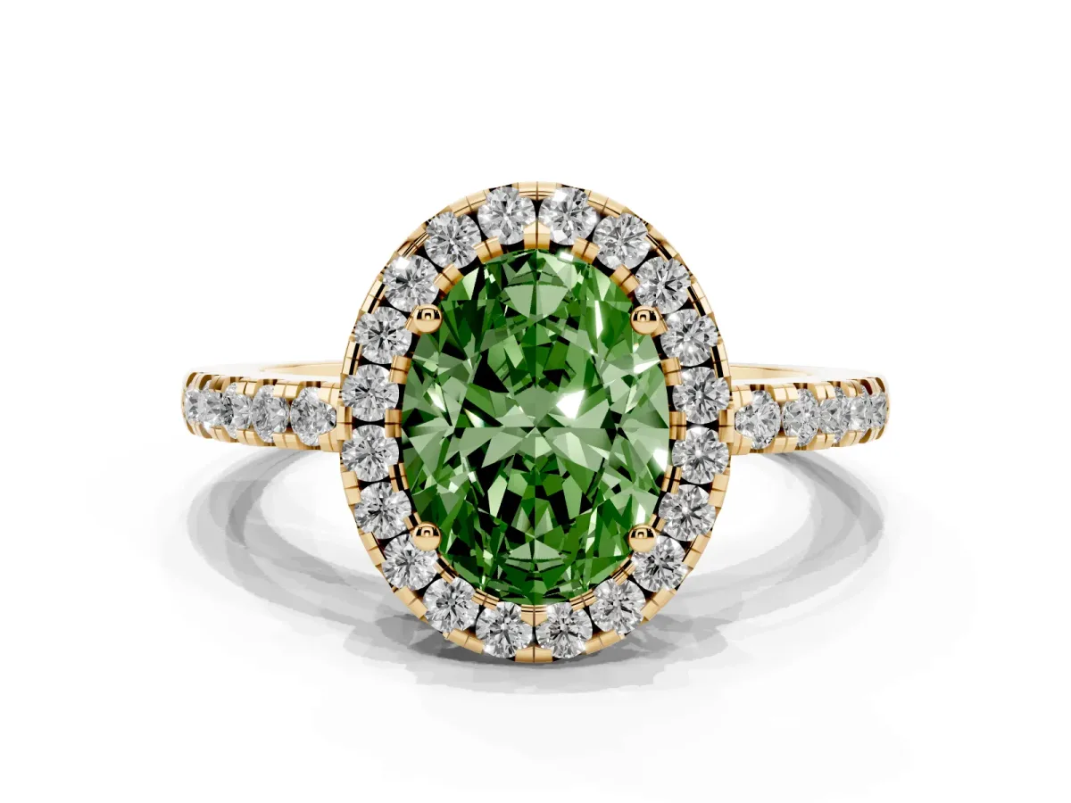Fancy Green Oval Cut Halo Diamond Engagement Ring with Pavé Band and Four-Prong Setting Yellow gold