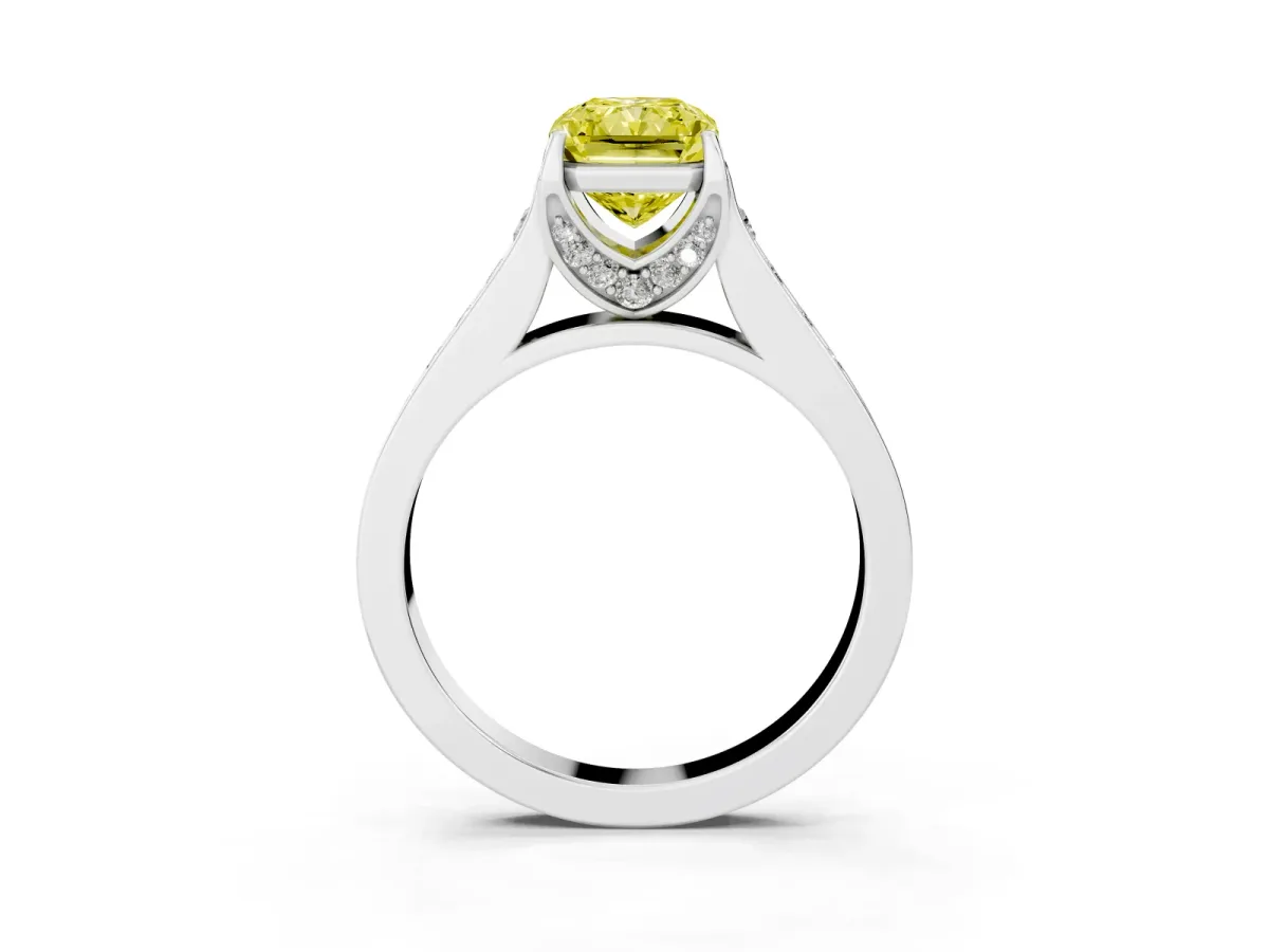 Fancy Yellow Radiant Cut Brilliant Cut Diamond Engagement Ring with Pavé Band and Four-Prong Setting White gold