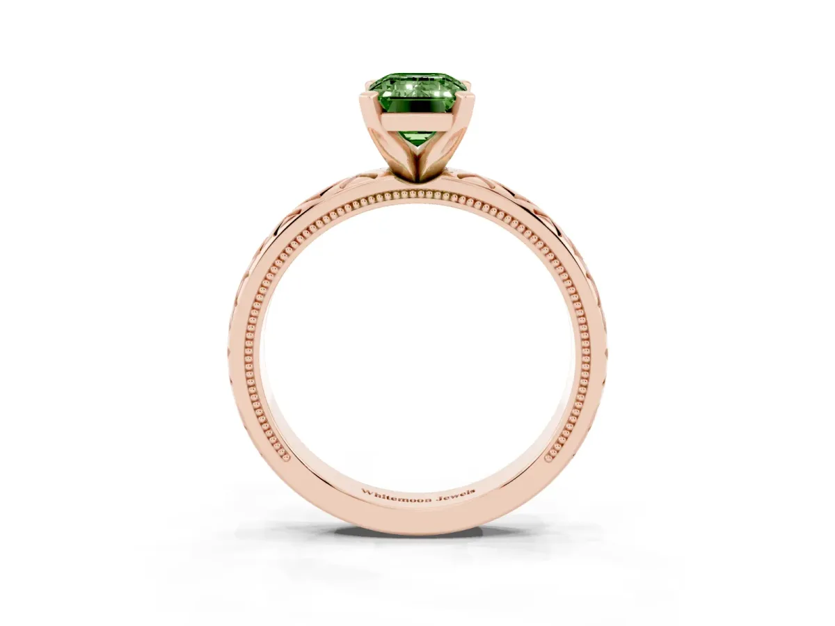 Fancy Green Emerald Cut Solitaire Diamond Ring with Milgrain and Black Enamel X Pattern Band Rose gold