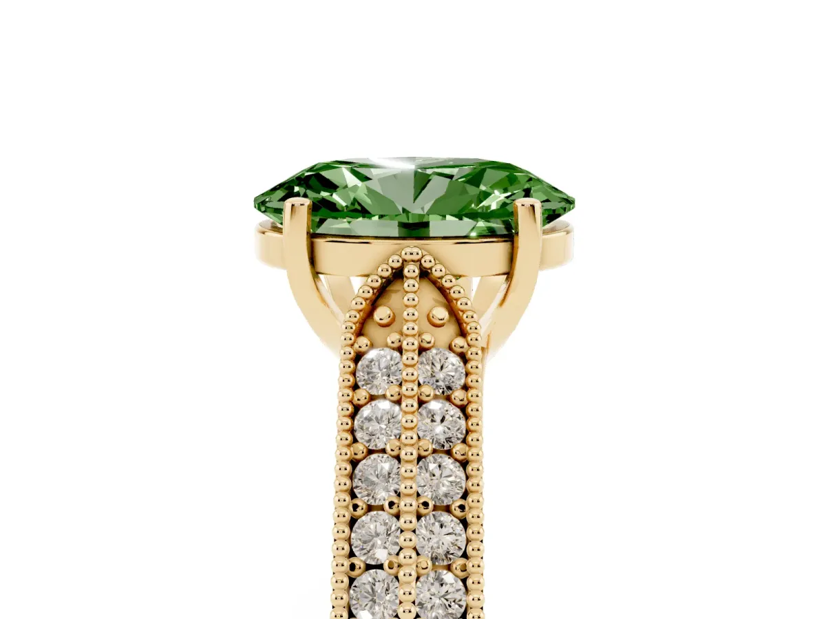 Fancy Green Oval Cut Cut Pave Split Shank Engagement Ring with Four-Prong Setting Yellow gold