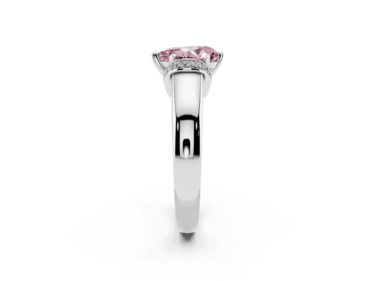 Fancy Pink Pear Cut Solitaire Diamond Ring with Pave Band and Six-Prong Setting Silver