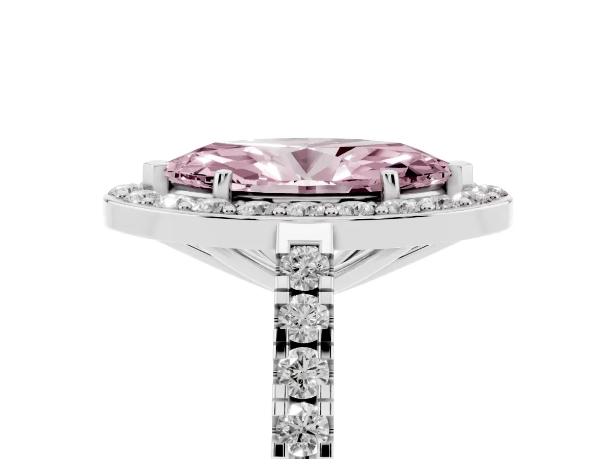 Fancy Pink Marquise Cut Diamond Halo Ring with Round Pavé Split Shank and Prong Setting Silver