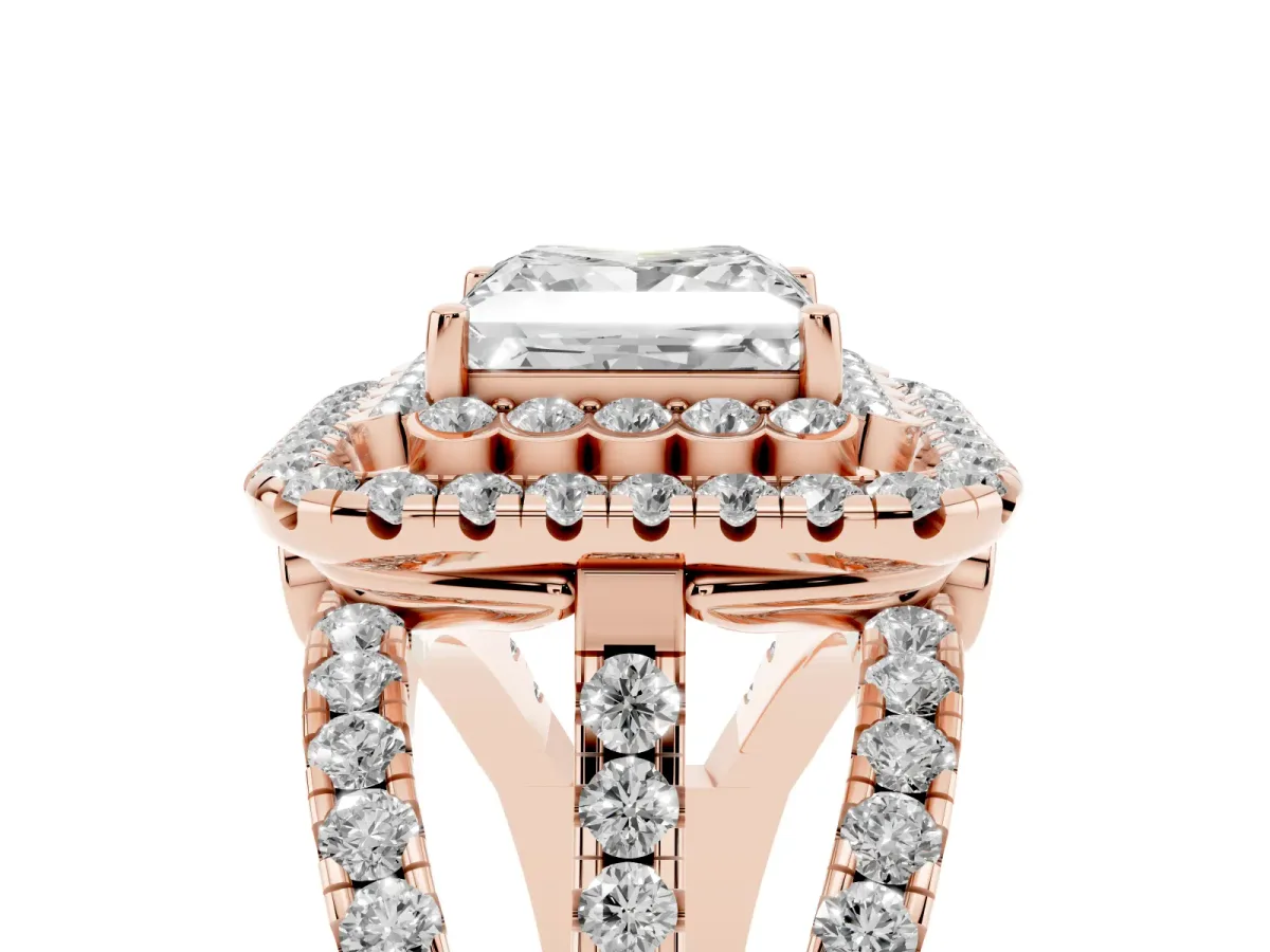 Princess Cut Diamond Double Halo Ring with Round Pavé Split Shank and Prong Setting Rose gold