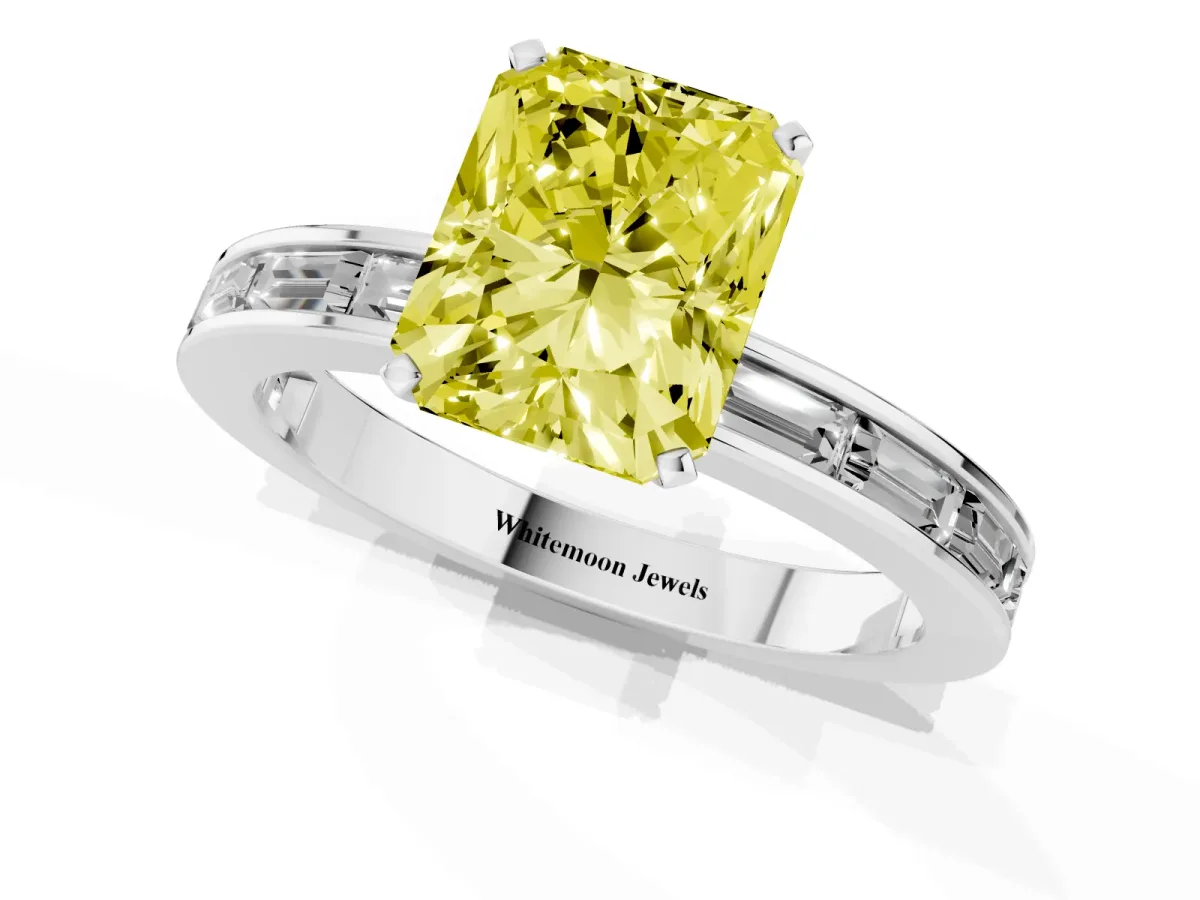 Fancy Yellow Radiant Cut Solitaire Diamond Ring with Channel-Set Baguette Band and Four-Prong Setting Platinum