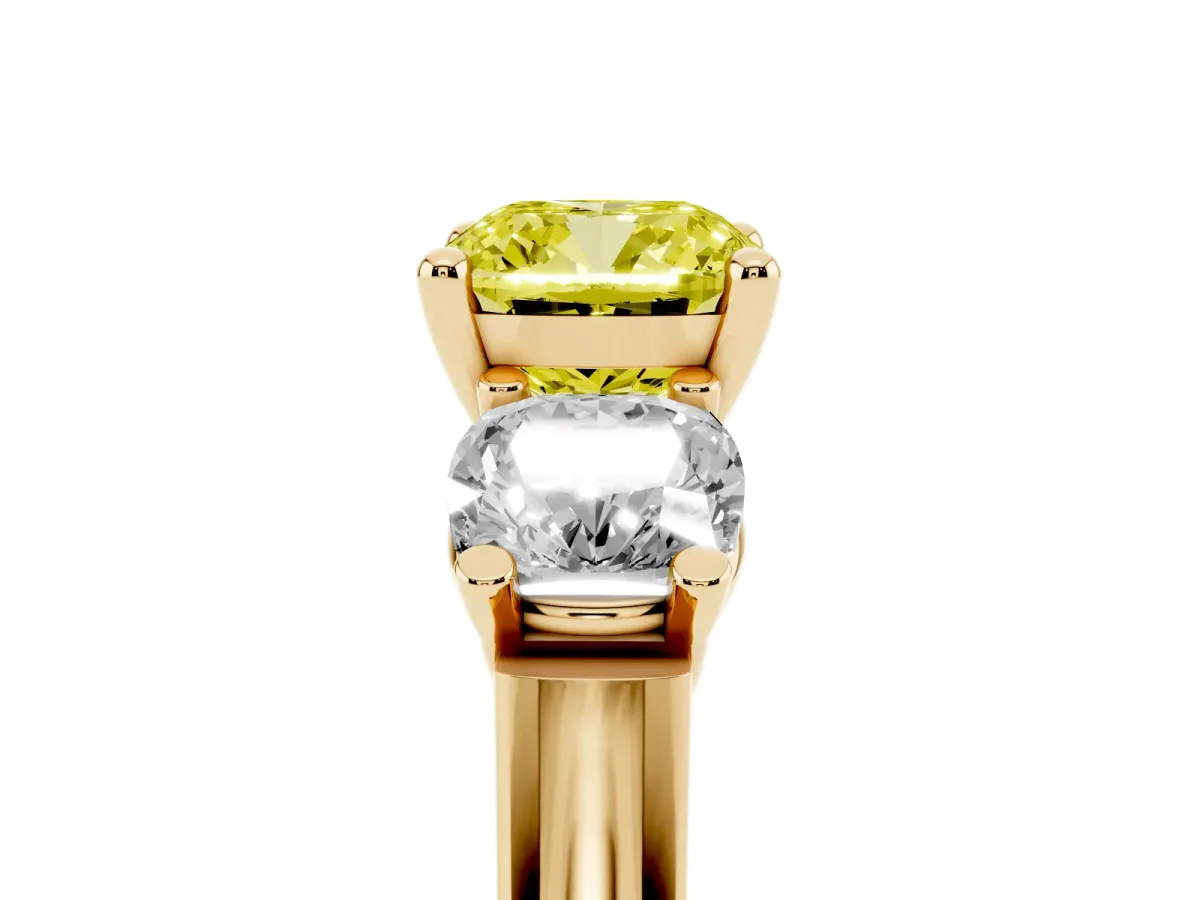 Fancy Yellow Three-Stone Cushion Cut Brilliant Diamond Trellis Ring with Comfort Fit Band Yellow gold