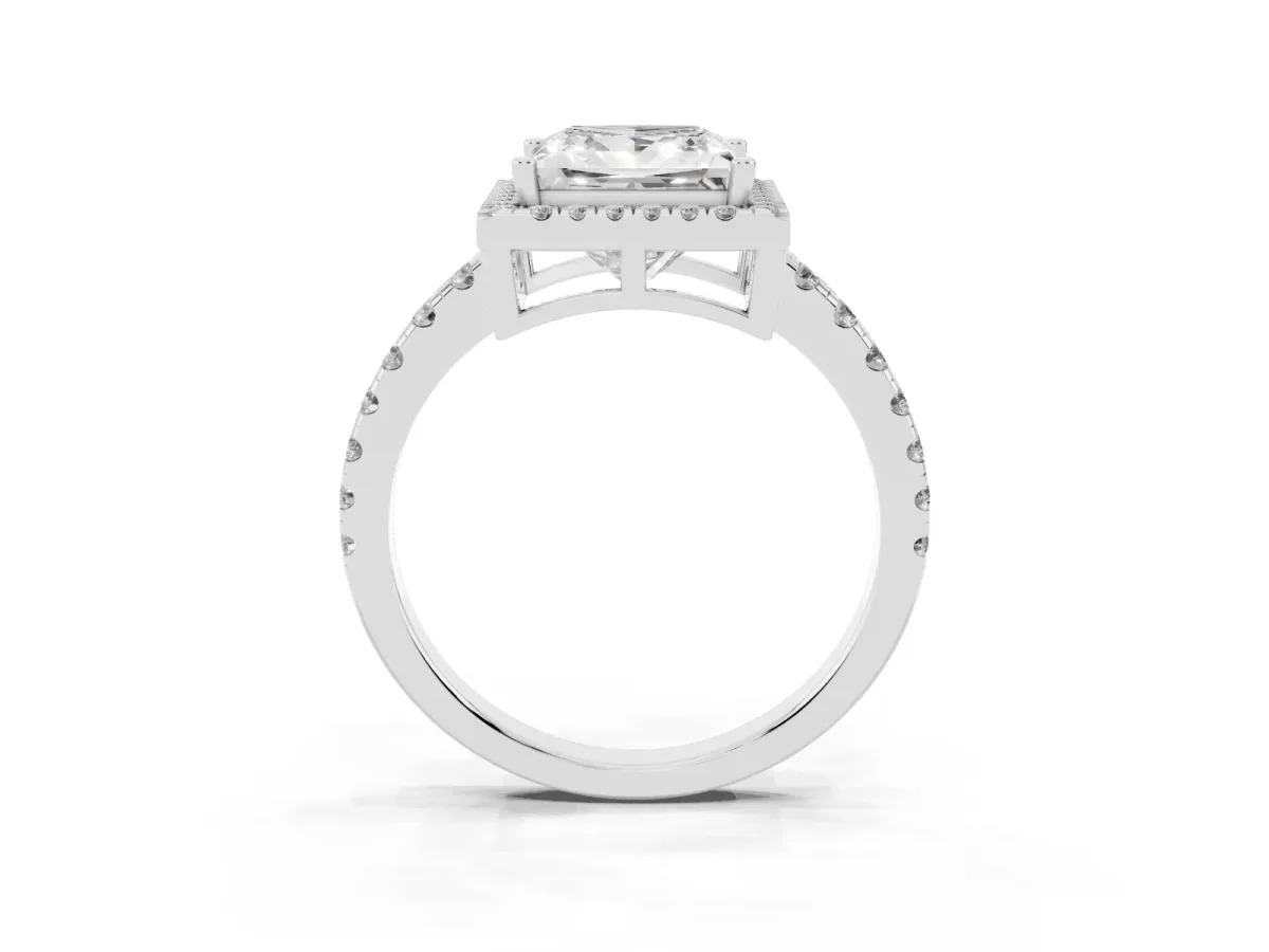 Princess Cut Diamond Halo Ring with Pavé Band and Four-Prong Setting Silver