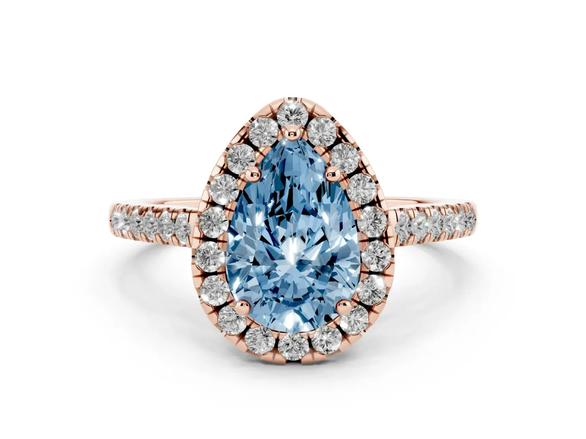 Fancy Blue Pear Cut Halo Pavé Diamond Engagement Ring with Four-Prong Setting Rose gold