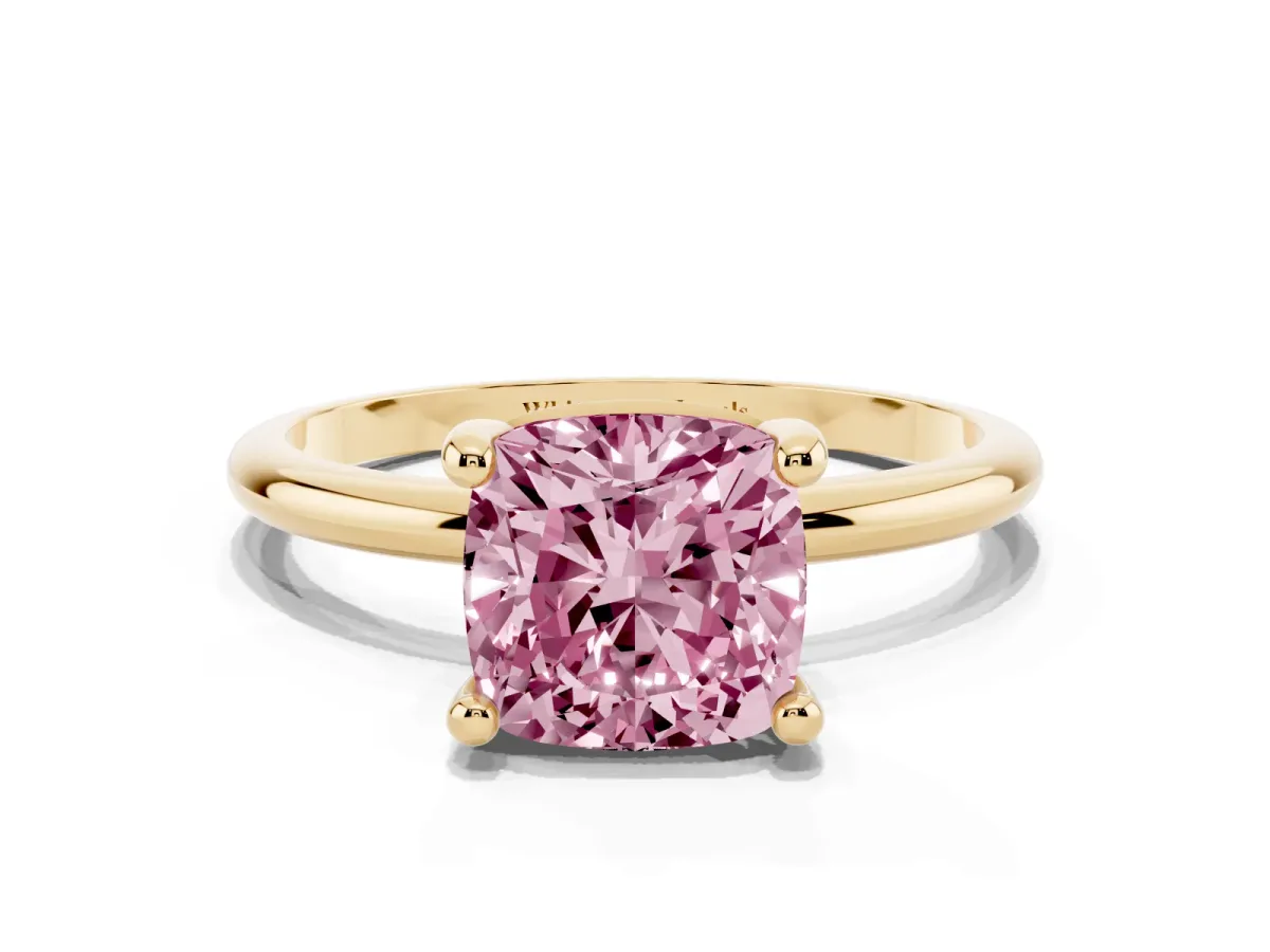 Fancy Pink Cushion Cut Solitaire Diamond Ring with 4-Prong Setting on a Classic Band Yellow gold