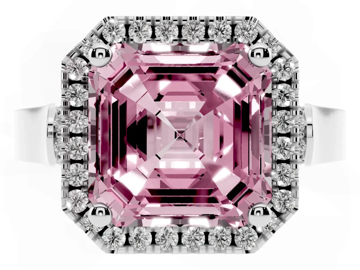 Fancy Pink Asscher Cut Halo Pave Split Shank Prong Setting Ring Silver