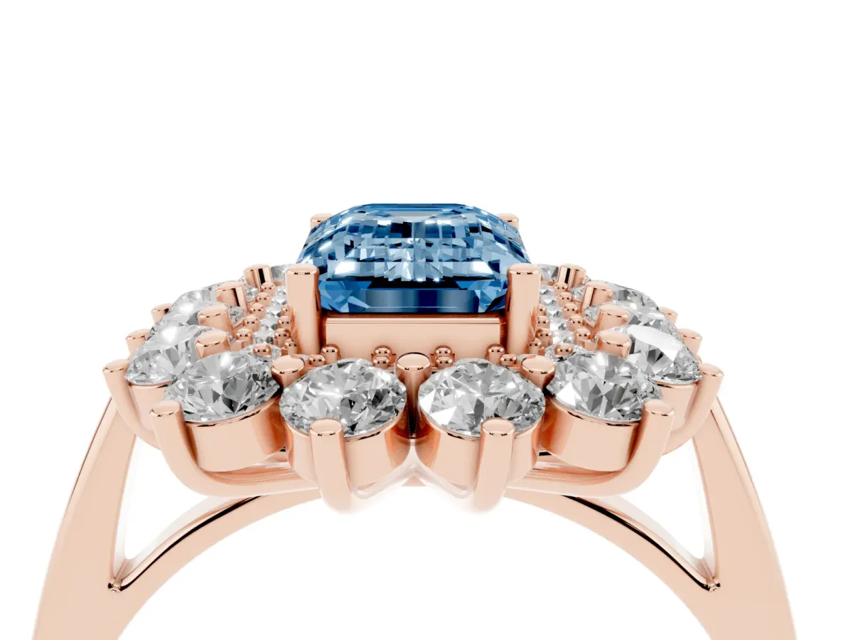 Fancy Blue Emerald Cut Diamond Floral Double Halo Engagement Ring with Prong Setting Rose gold