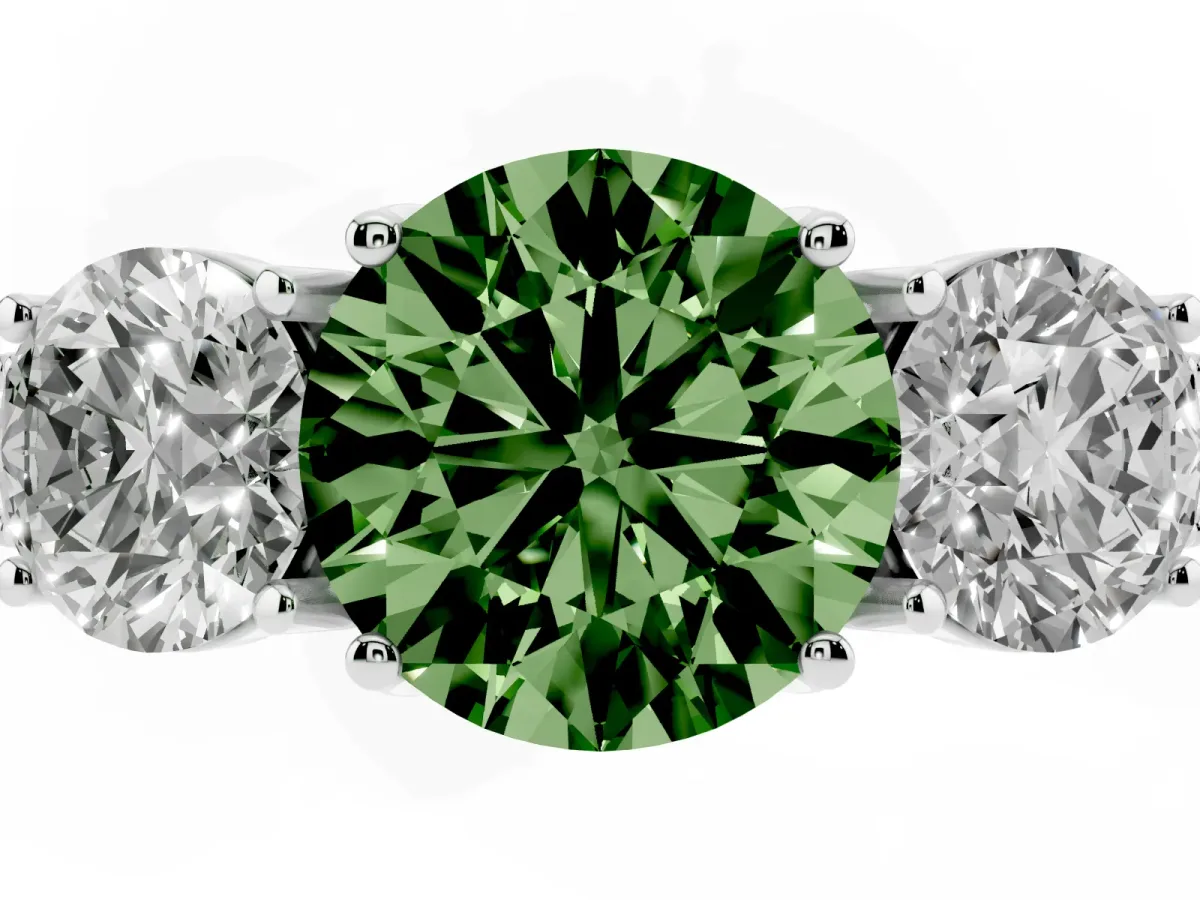 Fancy Green Three-Stone Round Cut Cut Milgrain Pavé Engagement Ring Platinum
