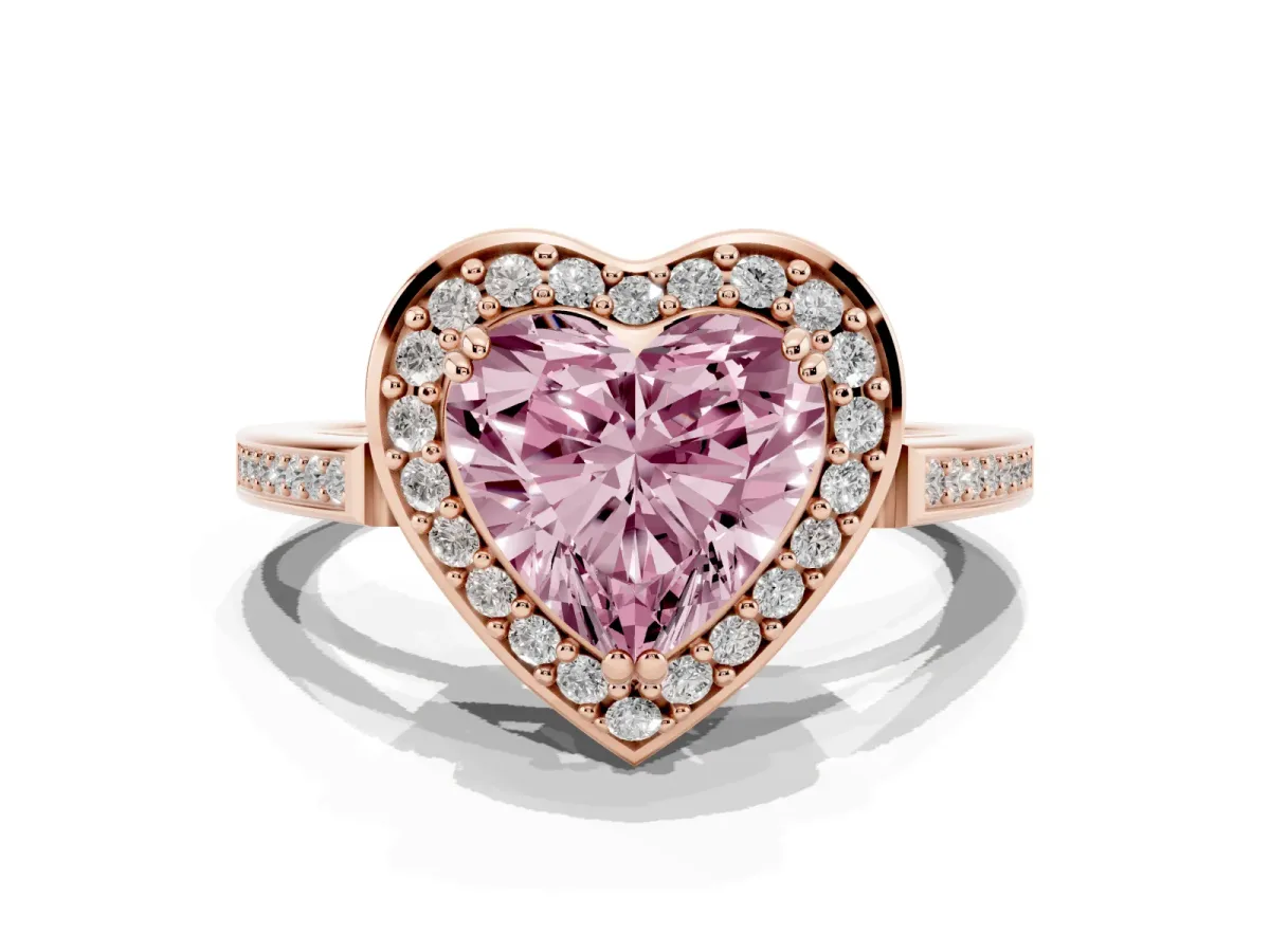 Fancy Pink Heart Cut Diamond Halo Ring with Split Shank and Four-Prong Setting Rose gold