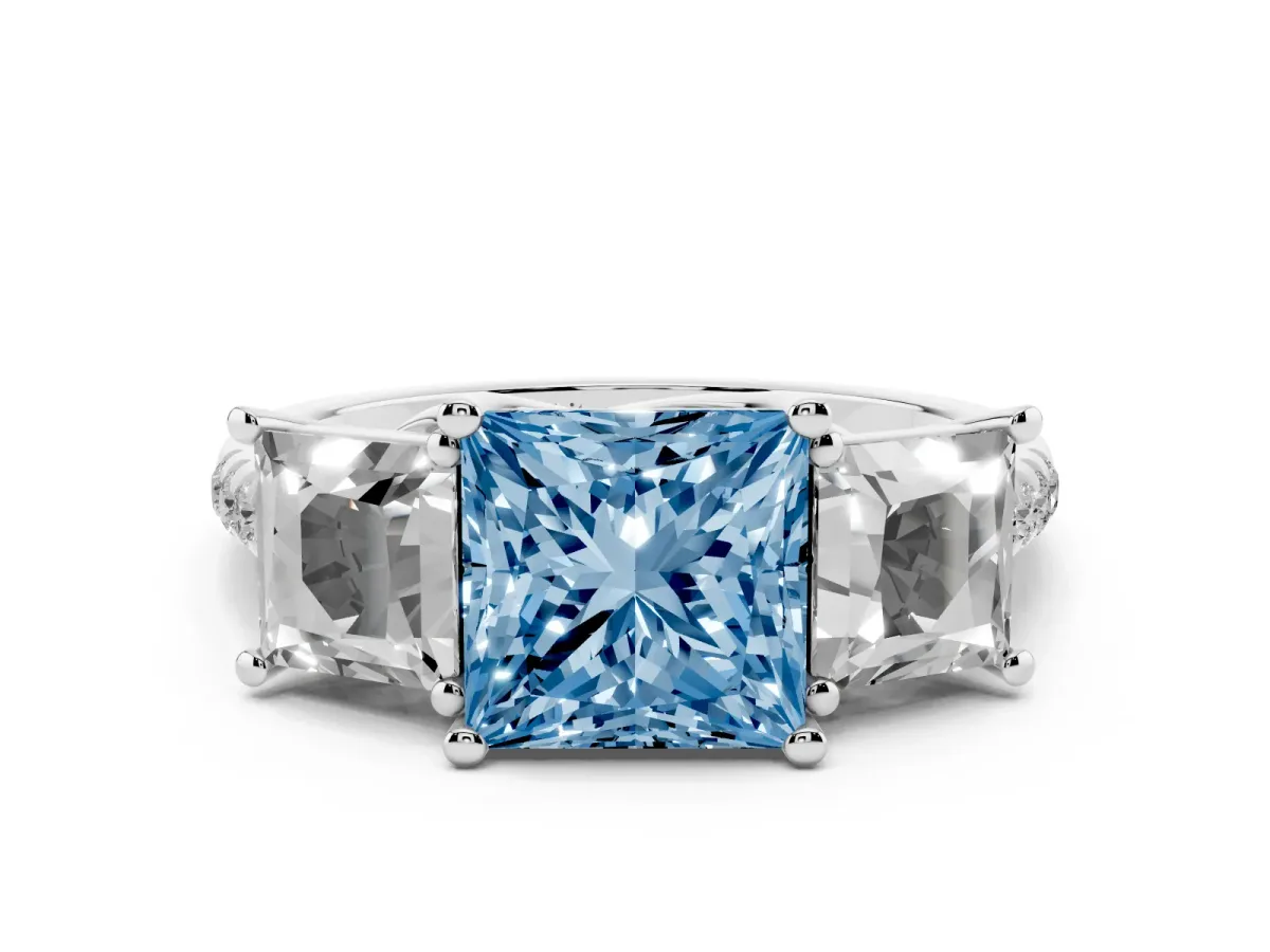 Fancy Blue Three-Stone Princess Cut Diamond Ring with Round Pavé Band and Prong Setting Silver