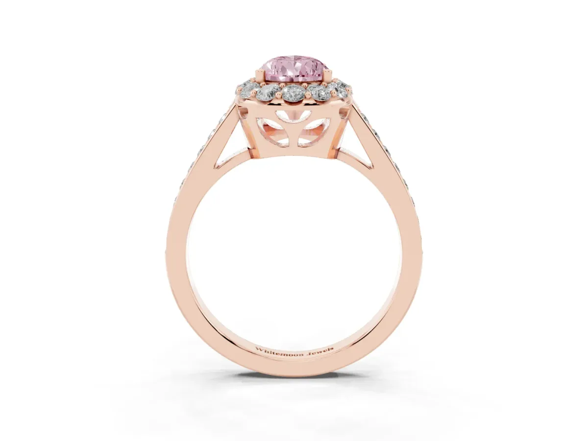 Fancy Pink Pear Cut Diamond Floral Halo Ring with Pavé Band and Prong Setting Rose gold