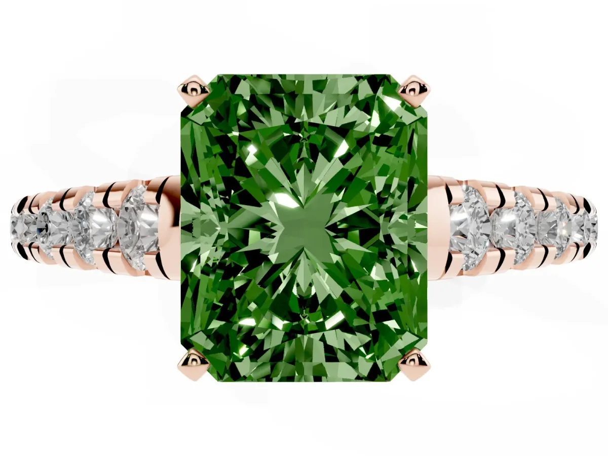 Fancy Green Radiant Cut Diamond Cathedral Solitaire Ring with Round Pavé Band Rose gold