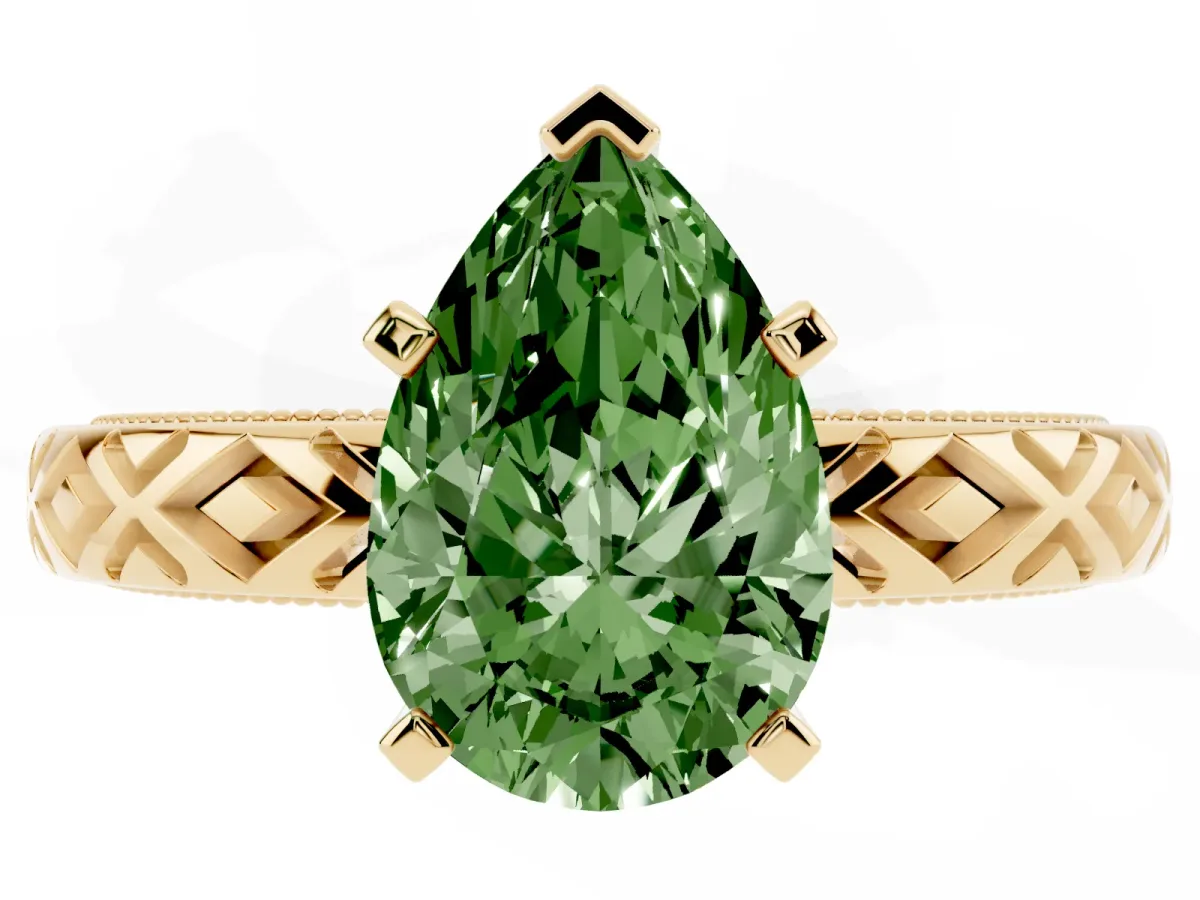 Fancy Green Pear Cut Solitaire Diamond Ring with Milgrain and Black Enamel X Pattern Band Yellow gold