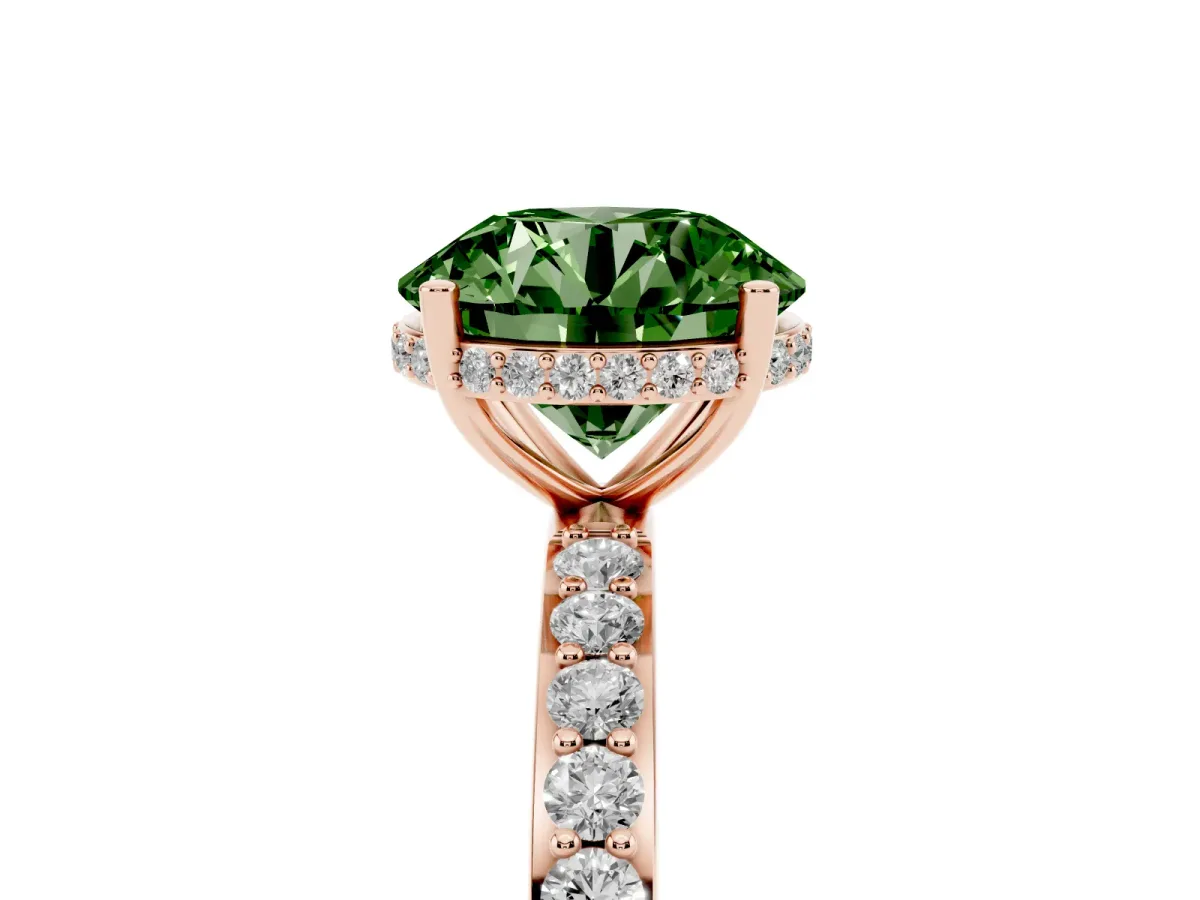 Fancy Green Round Cut Diamond Solitaire Ring with Pavé Band and Hidden Halo Rose gold