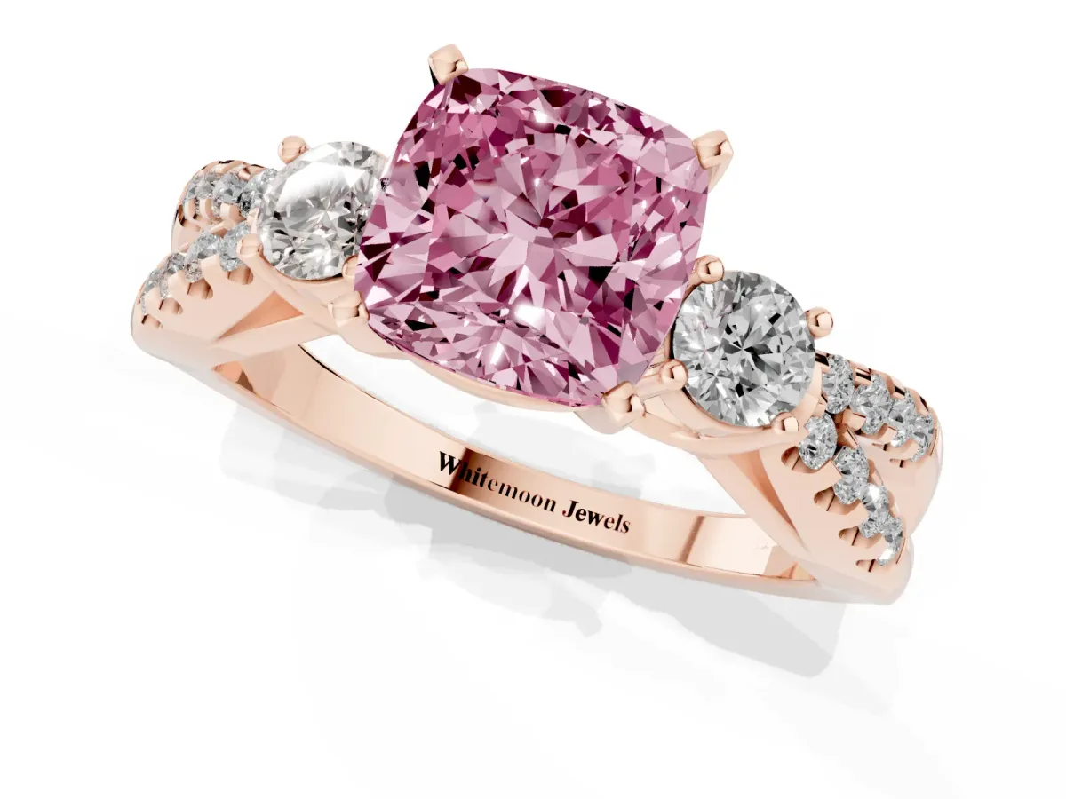 Fancy Pink Cushion Cut Diamond Three-Stone Ring with Pavé Split Shank and Four-Prong Setting Rose gold