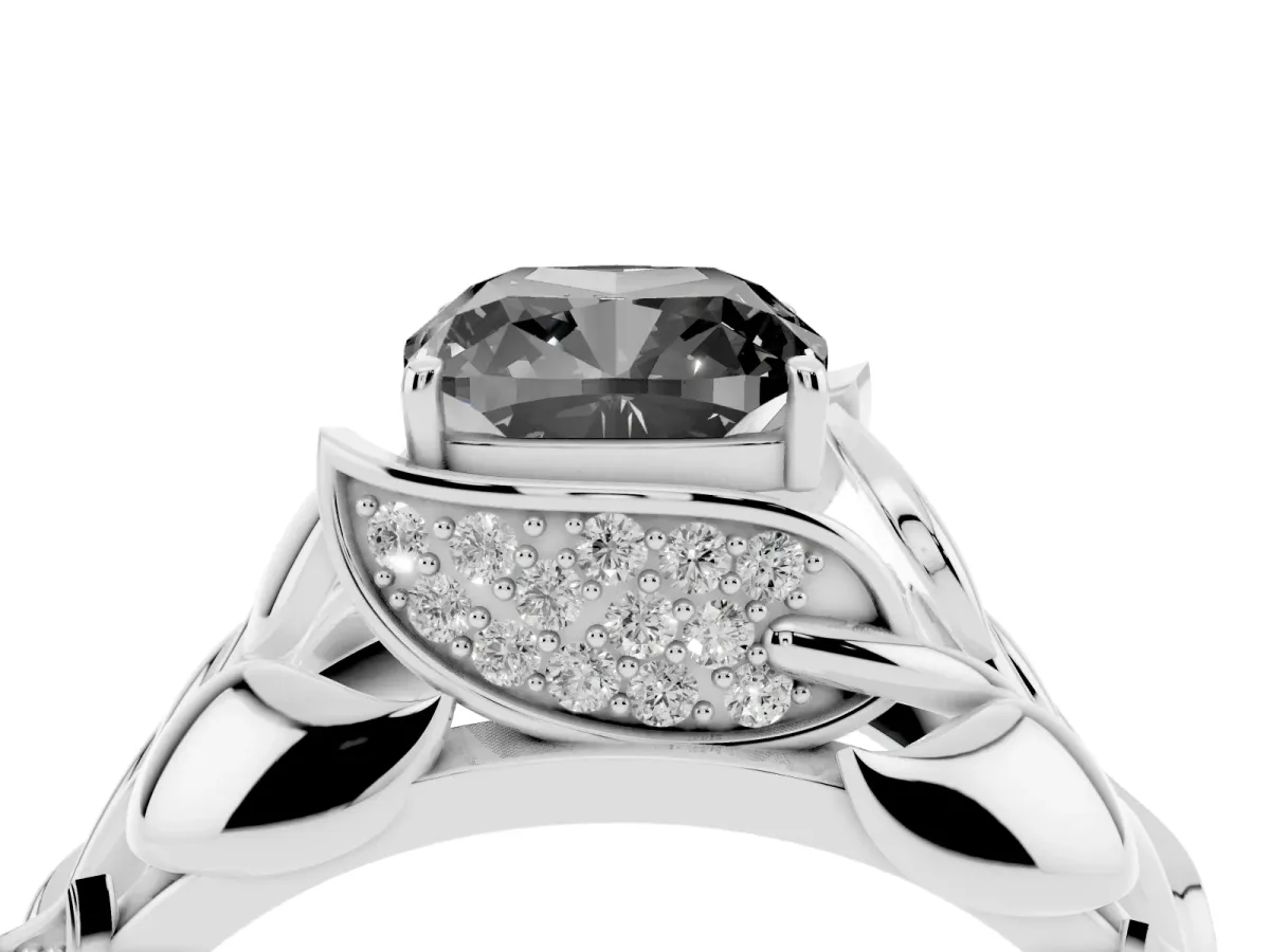 Fancy Black Cushion Cut Diamond Leaf-Inspired Engagement Ring with Round Accents and Prong Setting White gold