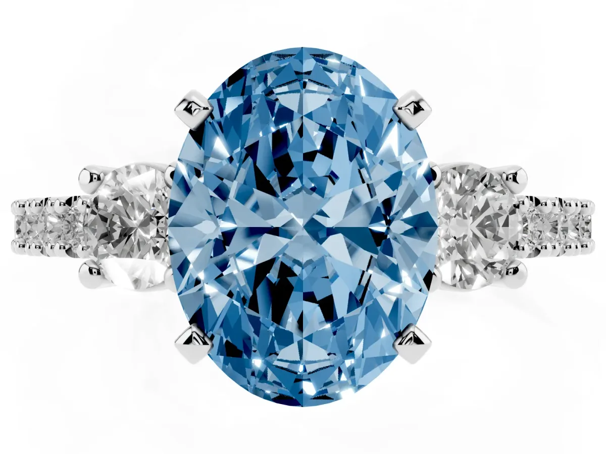 Fancy Blue Oval Cut Three-Stone Diamond Pavé Band with Prong Setting Silver