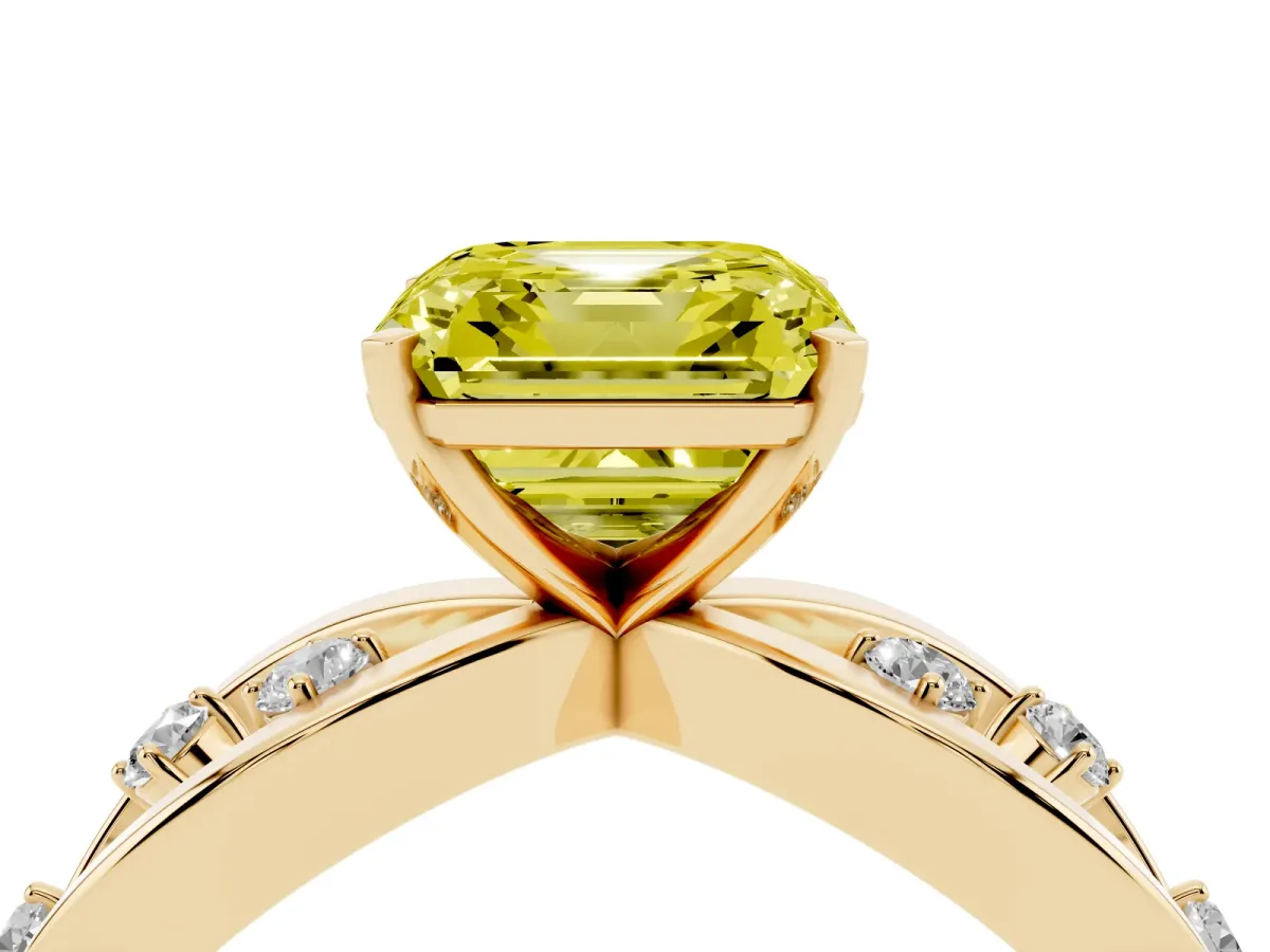 Fancy Yellow Asscher Cut Cut Solitaire Diamond with Side Stones on Criss-Cross Band and Four-Prong Setting Yellow gold